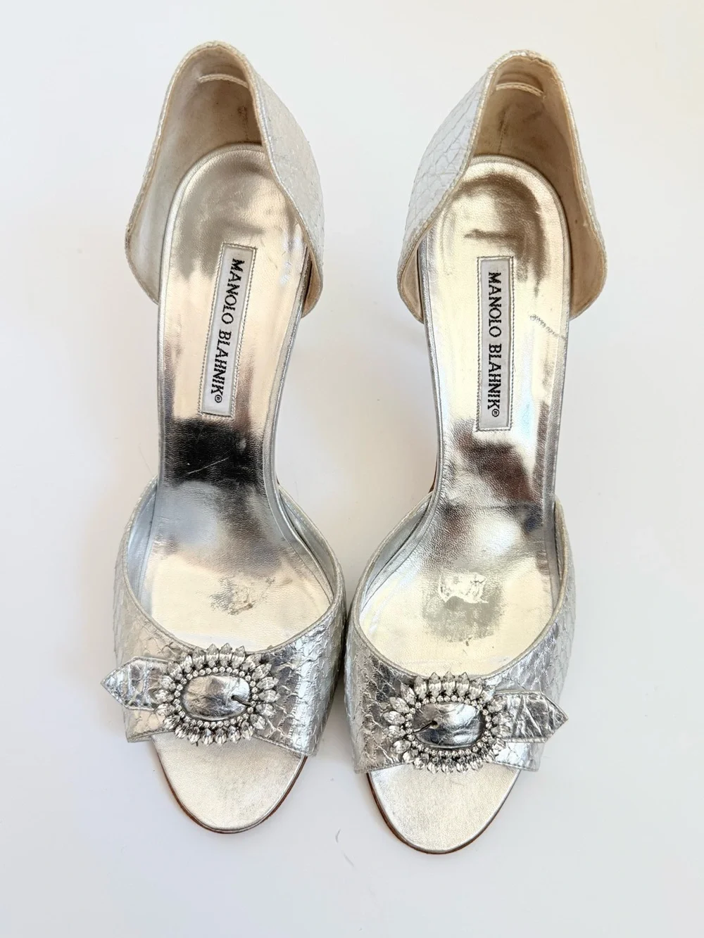 Manolo Blahnik Sedaraby Silver Python Crystal Buckle D’Orsay Mule Heels EU 39.5